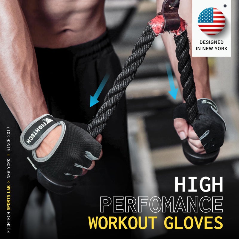 FIGHTECH Workout Gloves for Men and Women | Fingerless Weight Lifting Gym Gloves (Large, Black/Gray) - Image 4