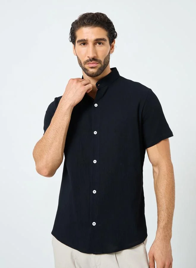 Take Two Take Two Black Graphic Print Mandarin Collar Buttoned Shirt
