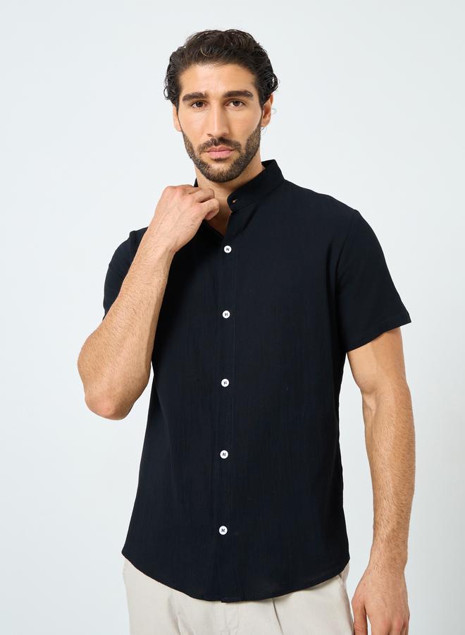 Take Two Black Graphic Print Mandarin Collar Buttoned Shirt - Image 4