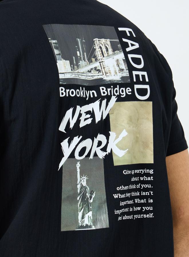 Take Two Black Graphic Print Mandarin Collar Buttoned Shirt - Image 3