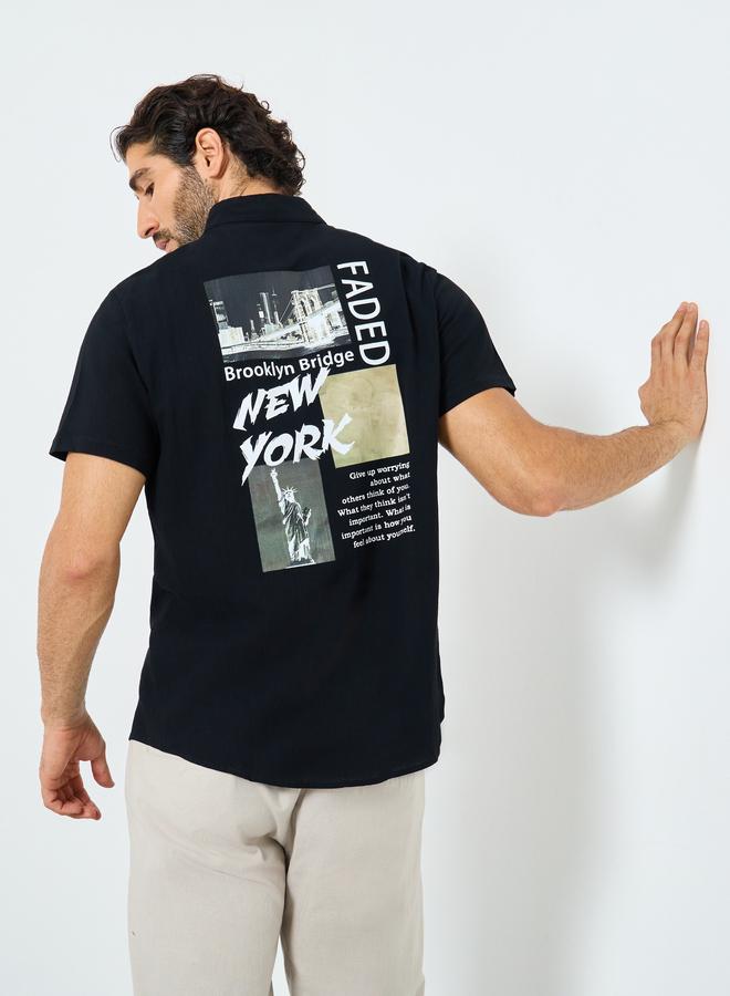 Take Two Black Graphic Print Mandarin Collar Buttoned Shirt - Image 1