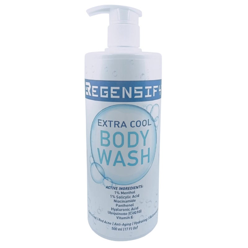 REGENSIFY Red Acne Extra Cool Body Wash 500 ml (17 Fl Oz) [1% Menthol, 1% Salicylic Acid, Niacinamide, Panthenol, Hyaluronic Acid, Coenzyme Q10, Vitamin E] - Anti Aging, Hydrating, Icy Shower Gel - Image 1