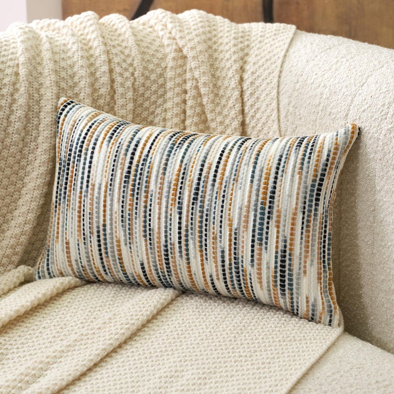 Aeckself Boho Striped Pillow Cover 12x20, Rectangle Decorative Lumbar Throw Pillow Cover Chenille Neutral Pillowcase for Couch Bedroom Living Room, Yellow Gray - Image 1