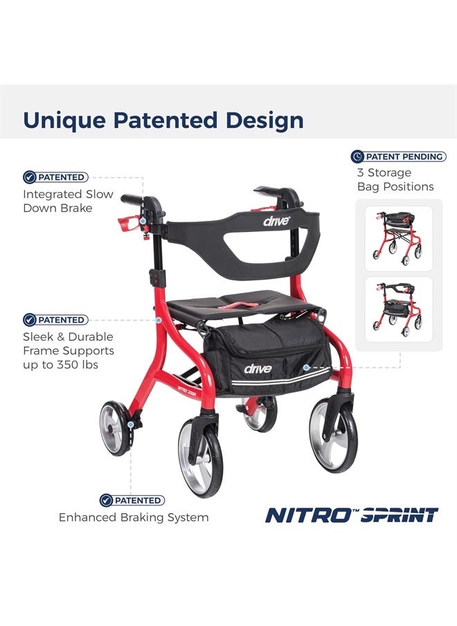 Drive Medical Nitro Sprint Foldable Rollator Walker with Seat, Petite Height Lightweight Rollator with Large Wheels, Folding Rollator, Short Rolling Walker for Seniors and Adults, Red  - Image 2