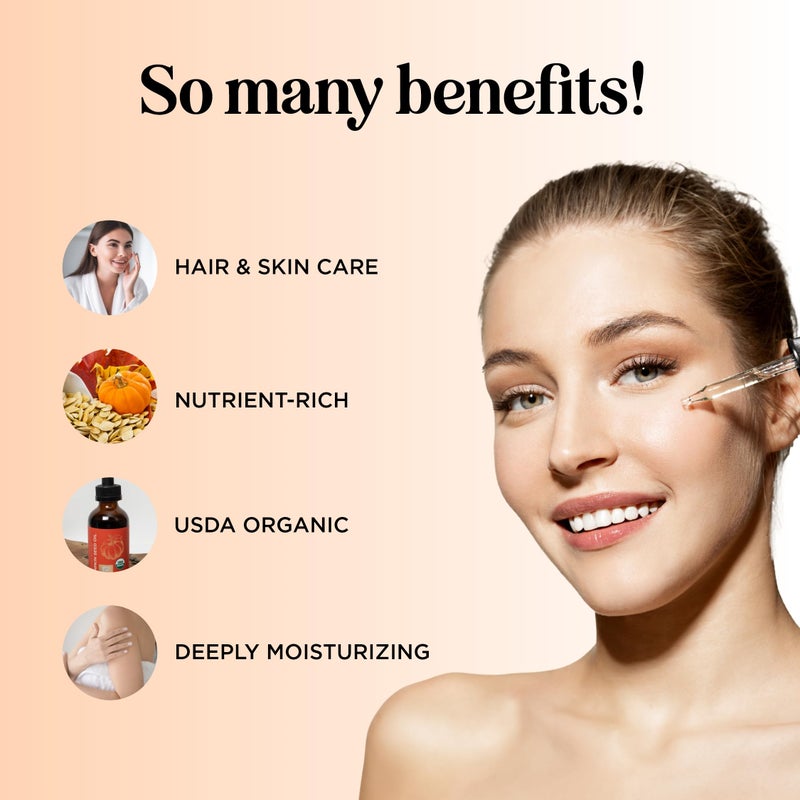 Maple Holistics زيت بذور اليقطين العضوي المعتمد - 100% زيت بذور يقطين عضوي نقي لنمو الشعر وزيت وجه مضاد للشيخوخة - زيت شعر عضوي للشعر الجاف والنمو - معصور على البارد وعذري وغير مكرر (16 أونصة) - Image 3