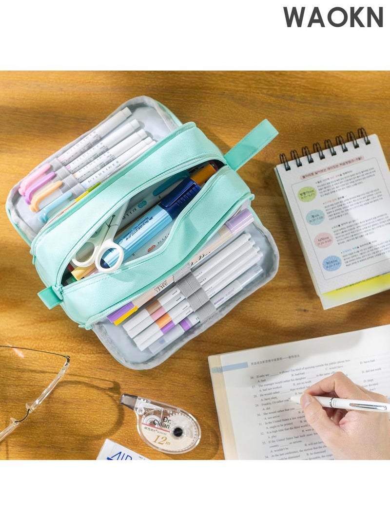 دبليو أيه أو كي أن حافظة أقلام رصاص بسعة كبيرة جدًا - حقيبة تنظيم متعددة الفتحات بأربعة أقسام للمدرسة والمكتب - حامل أدوات مكتبية أنيق بسحاب إغلاق - يتسع لأكثر من 100 قلم، وأقلام تحديد، وأقلام تمييز - حقيبة أقلام رصاص من القماش المتين للمراهقين/البالغين (أخضر نعناعي) - Image 3