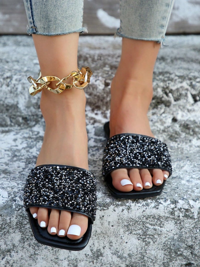 Verdusa Women's Rhinestone Sandals Glitter Casual Sandal Flats Open Toe Sparkle Slides Black CN41 - Image 2