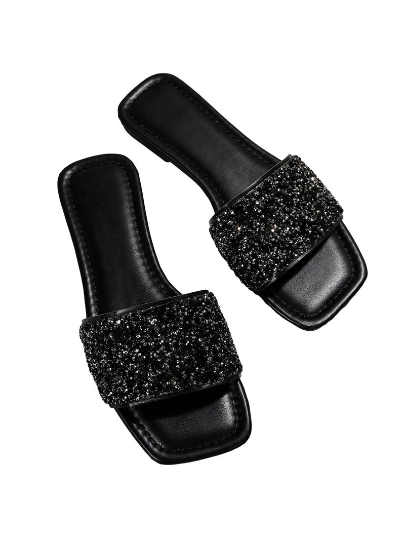 Verdusa Women's Rhinestone Sandals Glitter Casual Sandal Flats Open Toe Sparkle Slides Black CN41 - Image 1