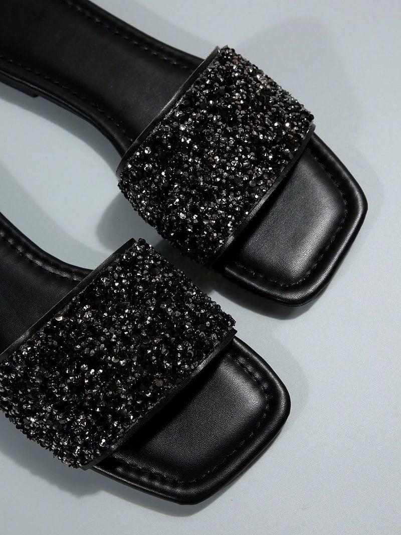Verdusa Women's Rhinestone Sandals Glitter Casual Sandal Flats Open Toe Sparkle Slides Black CN41 - Image 4