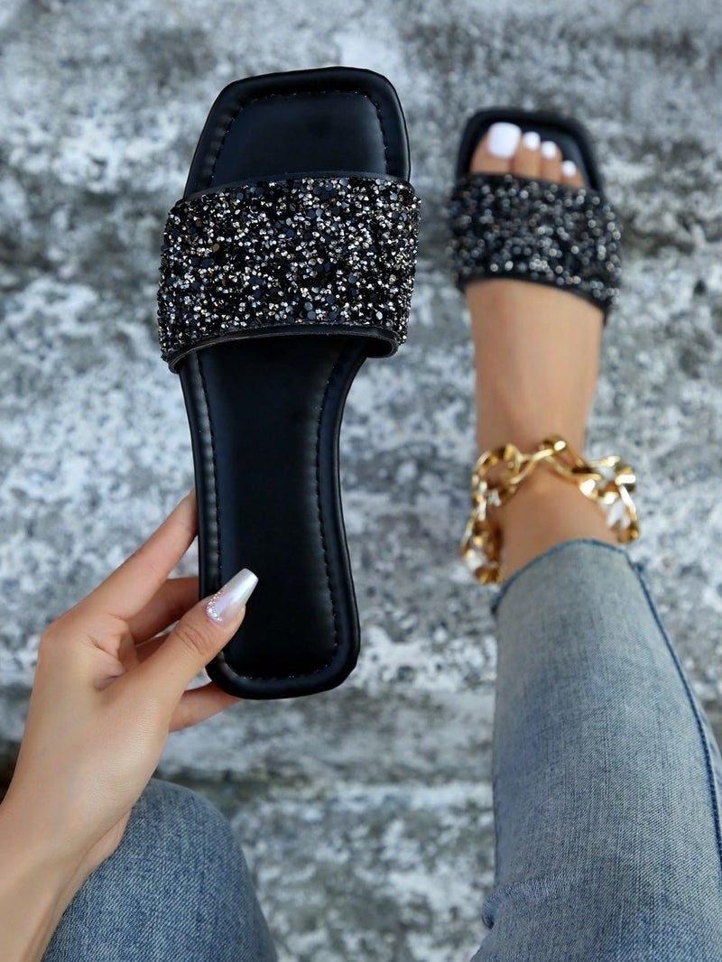 Verdusa Women's Rhinestone Sandals Glitter Casual Sandal Flats Open Toe Sparkle Slides Black CN41 - Image 3