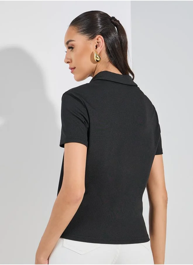 Styli Regular Fit Ribbed Polo T-Shirt with Buttons
