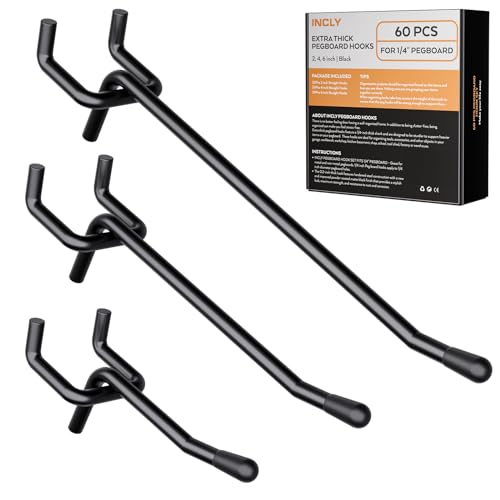 INCLY 60 Pack 2/4/6 Inch Black Pegboard Hooks, 1/4" Heavy Duty Peg Board Shelving Hooks Accessories, Peg Board Tool Hangers Fit for 1/4" Pegboard Hanging Tools Garage, Craft Organizing, Kitchen, Store - Image 1