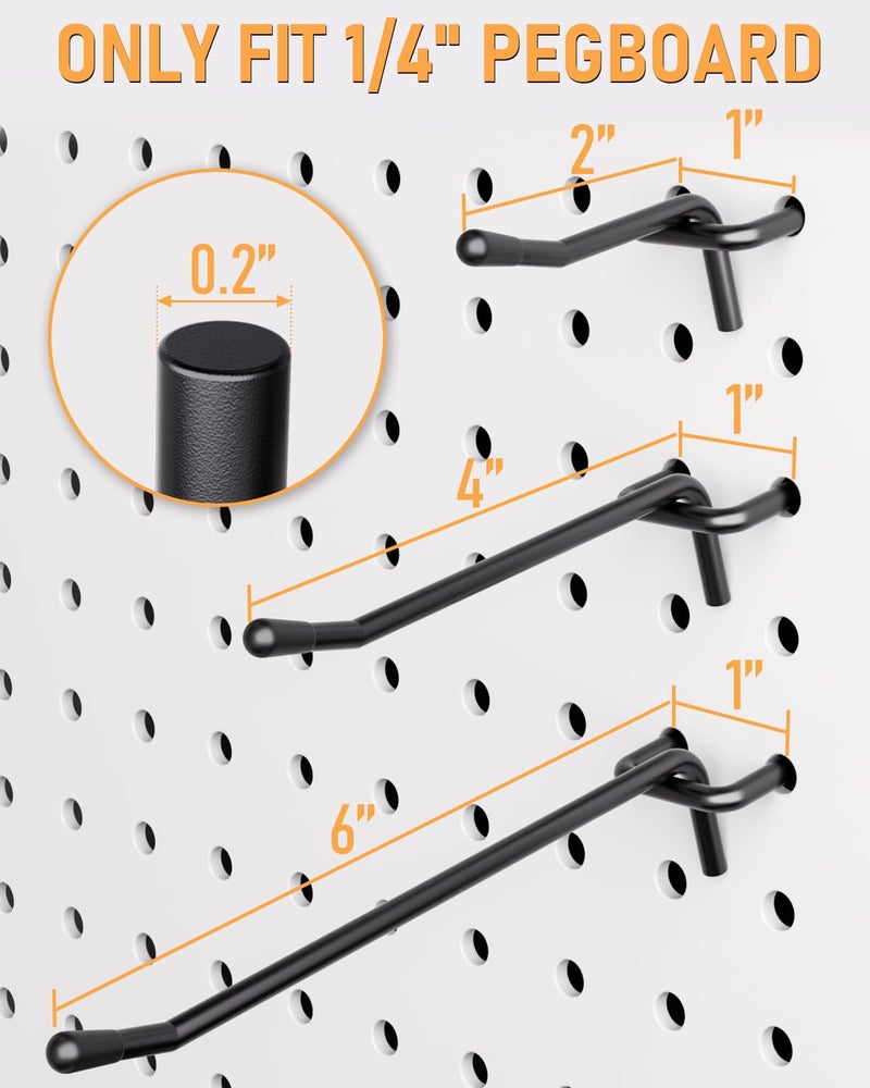 INCLY 60 Pack 2/4/6 Inch Black Pegboard Hooks, 1/4" Heavy Duty Peg Board Shelving Hooks Accessories, Peg Board Tool Hangers Fit for 1/4" Pegboard Hanging Tools Garage, Craft Organizing, Kitchen, Store - Image 3