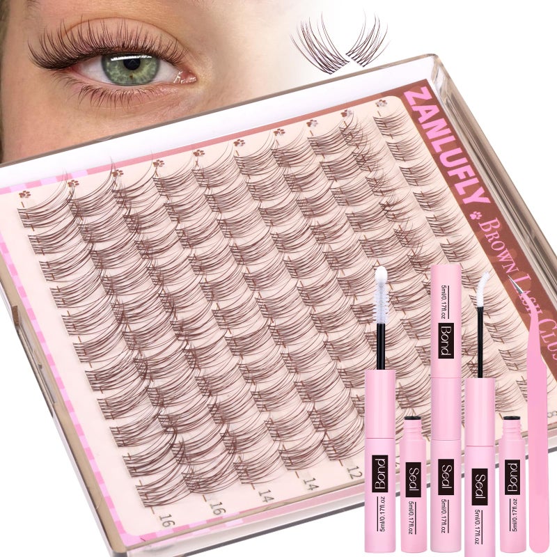 zanlufly Brown Lash Clusters Kit Natural Dark Brown Eyelash Clusters Wispy Lash Extension Kit Brown Cluster Eyelash Extensions Kit 8-16MM DIY Individual Lashes with Lash Bond and Seal Tweezers by ZANLUFLY - Image 1