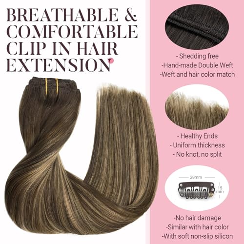 MAXITA Clip in Hair Extensions Real Human Hair, 5pcs 80g Balayage Chocolate Brown to Caramel Blonde 20 Inch, Hair Extensions Real Human Hair Long Straight Natural Hair for Woman - Image 4