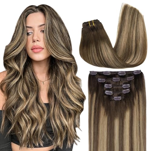 MAXITA Clip in Hair Extensions Real Human Hair, 5pcs 80g Balayage Chocolate Brown to Caramel Blonde 20 Inch, Hair Extensions Real Human Hair Long Straight Natural Hair for Woman - Image 1