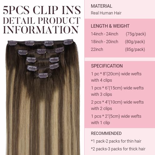 MAXITA Clip in Hair Extensions Real Human Hair, 5pcs 80g Balayage Chocolate Brown to Caramel Blonde 20 Inch, Hair Extensions Real Human Hair Long Straight Natural Hair for Woman - Image 2