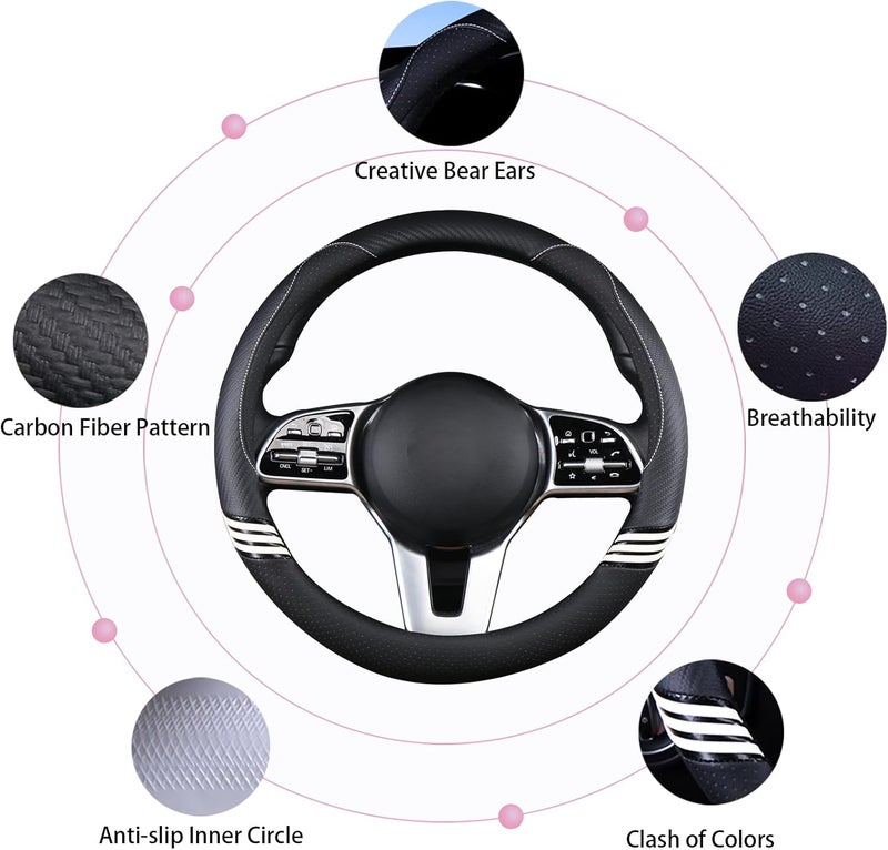 Binsheo Cute Steering Wheel Cover for Women Men Leather Universal 15 inch,Black - Image 4