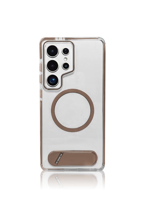 Luxury TPU PC Crystal clear Magnetic Phone case With Holder Stand for Samsung Galaxy S25 Ultra case With Metal Stand - Brown