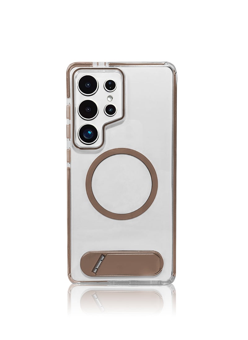 Luxury TPU PC Crystal clear Magnetic Phone case With Holder Stand for Samsung Galaxy S25 Ultra case With Metal Stand - Brown