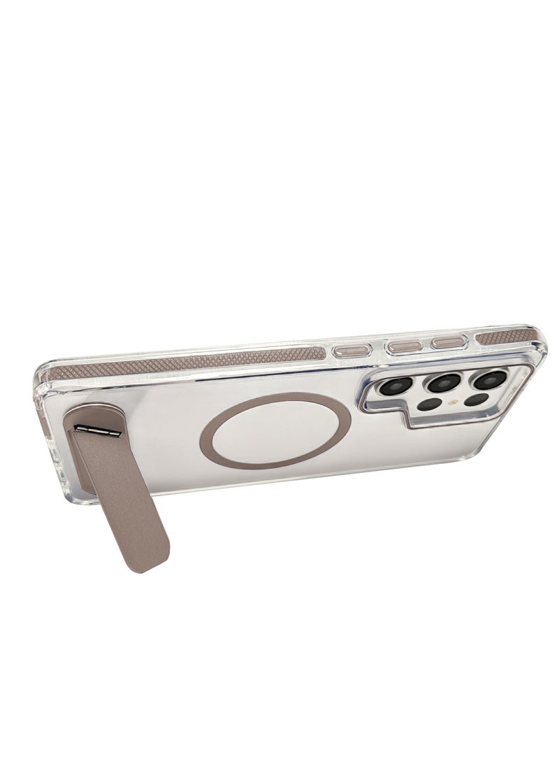 Luxury TPU PC Crystal clear Magnetic Phone case With Holder Stand for Samsung Galaxy S25 Ultra case With Metal Stand - Brown