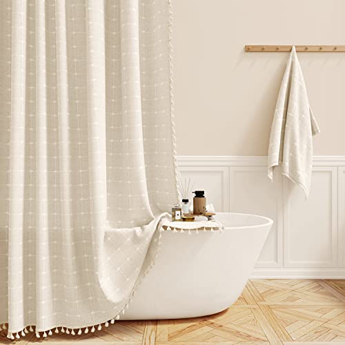BTTN Extra Long Shower Curtain - 72x96 Inch Long Boho Chic Linen Fabric Heavy Duty Shower Curtain Set with Plastic Hooks, Tall Farmhouse Aesthetic Cute Tassel Shower Curtains for Bathroom, Cream/Beige - Image 1