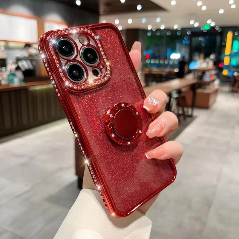 For iPhone14 glitter plating edge drill phone case Apple 14Promax ring bracket case lens with drill - Image 2
