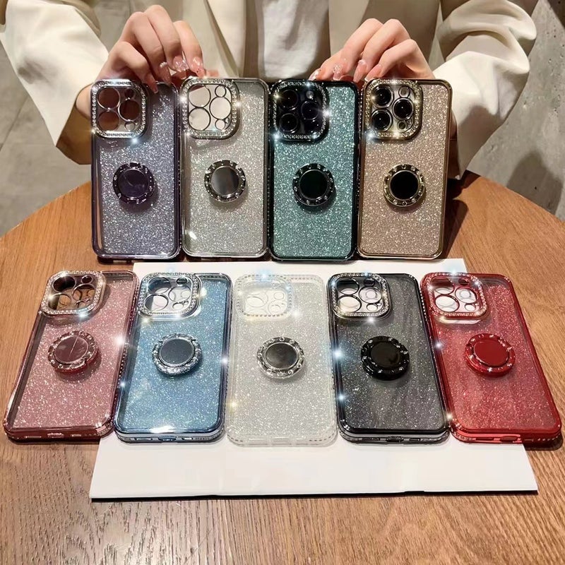 For iPhone14 glitter plating edge drill phone case Apple 14Promax ring bracket case lens with drill - Image 4