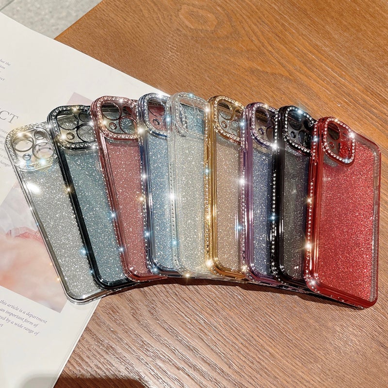 For iPhone14 glitter plating edge drill phone case Apple 14Promax ring bracket case lens with drill - Image 5