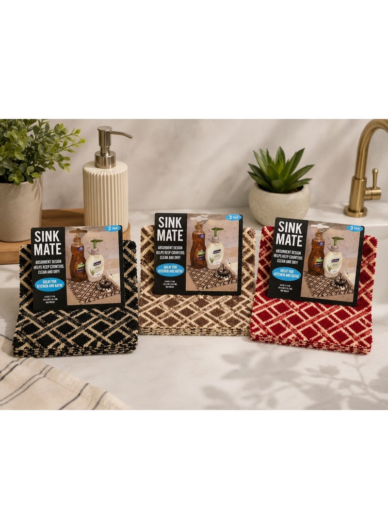 3-Pack Sink Mate Absorbent Mats, Geometric Trellis Dish Drying Mats, Square Kitchen Counter Mats for Sink, Faucet, Soap Dispenser and Coffee Station, Assorted Colors - Image 2