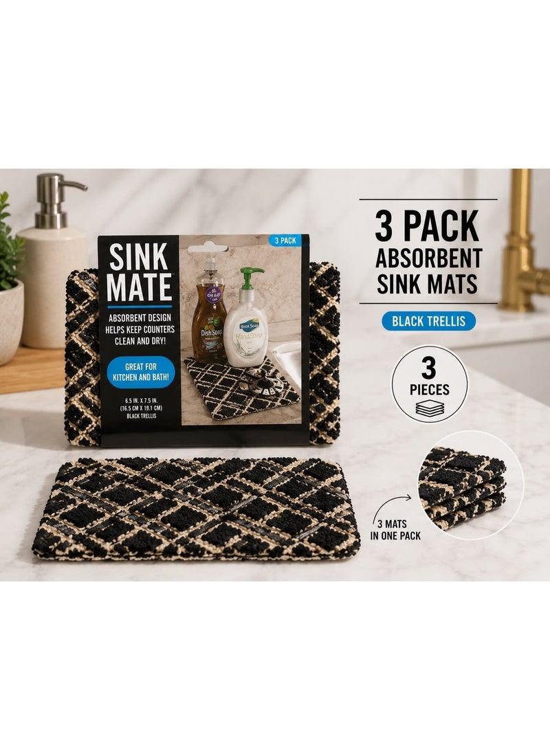 3-Pack Sink Mate Absorbent Mats, Geometric Trellis Dish Drying Mats, Square Kitchen Counter Mats for Sink, Faucet, Soap Dispenser and Coffee Station, Assorted Colors - Image 3