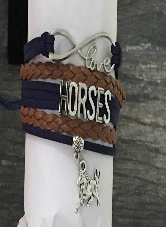 إنفينيتي كوليكشن سوار مزين بتعليقة حصان، مجوهرات فروسية لعشاق الخيول، سوار إنفينيتي على شكل مهر (أزرق داكن/بني) - Image 3