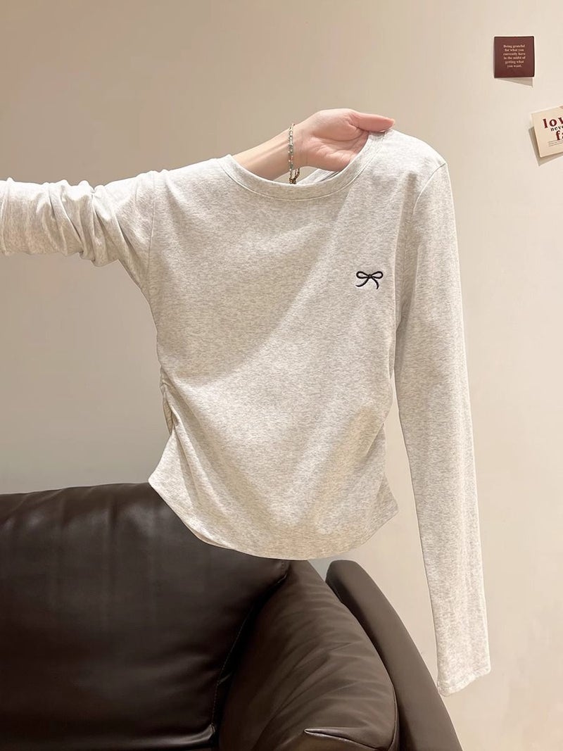 [Self-Set ] Shoulder Embroidered Pleated Crewneck Long Sleeve T-Shirt Women'S Inner Slim Plus - Image 2