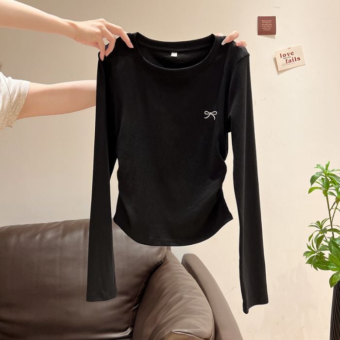 [Self-Set ] Shoulder Embroidered Pleated Crewneck Long Sleeve T-Shirt Women'S Inner Slim Plus - Image 1