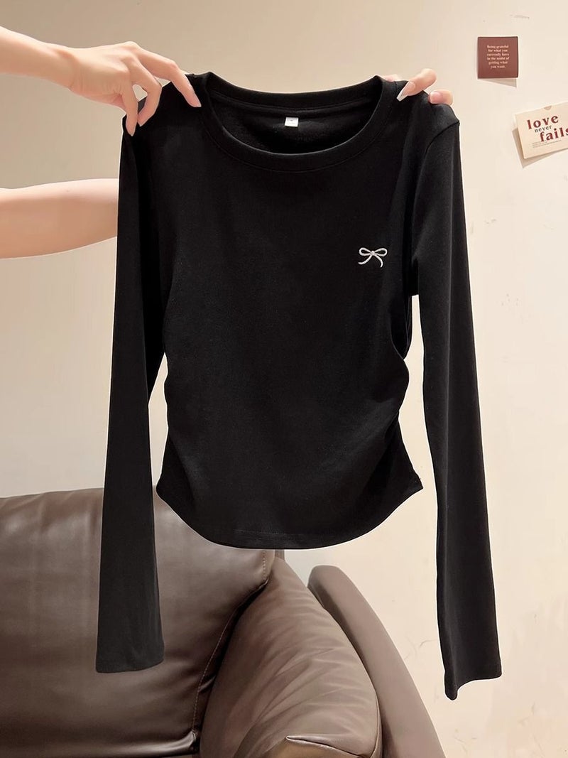 [Self-Set ] Shoulder Embroidered Pleated Crewneck Long Sleeve T-Shirt Women'S Inner Slim Plus - Image 4