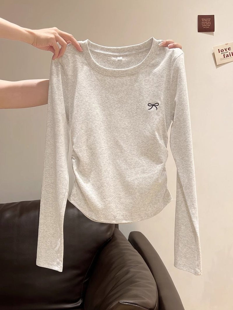 [Self-Set ] Shoulder Embroidered Pleated Crewneck Long Sleeve T-Shirt Women'S Inner Slim Plus - Image 3