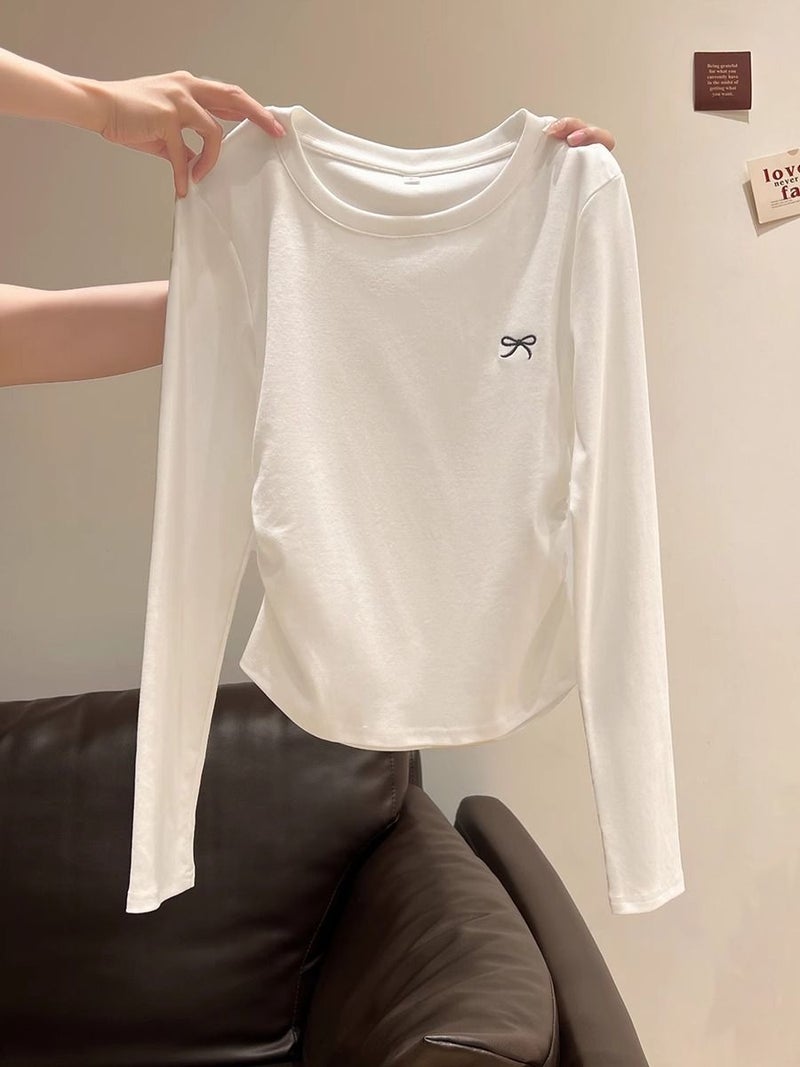 [Self-Set ] Shoulder Embroidered Pleated Crewneck Long Sleeve T-Shirt Women'S Inner Slim Plus - Image 5