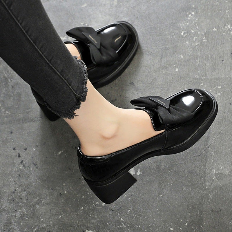 Single-layer shoes womens chunky heel 2023 new spring and autumn versatile soft leather bow mid heel womens shoes square toe small leather shoes women Black