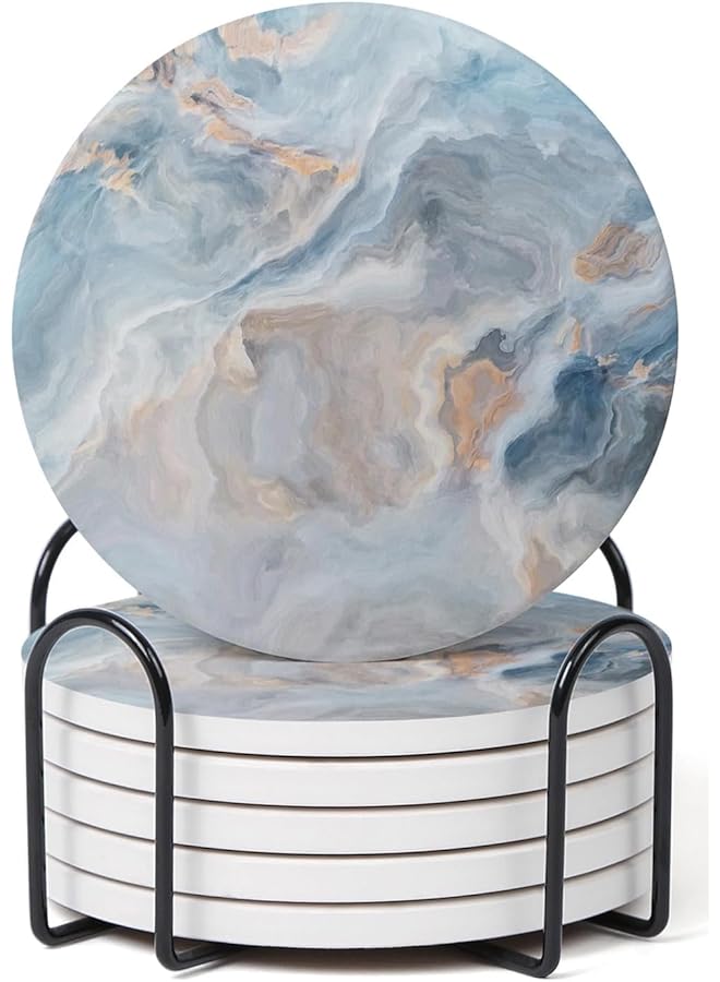 إيروريكس مجموعة من 6 قطع من قواعد أكواب الشرب المصنوعة من السيراميك على شكل رخام مع حامل لحماية سطح الطاولة، مناسبة لأنواع الأكواب والطاولات الخشبية وديكور المنزل الرائع، مقاس 4 بوصات، أزرق - Image 1