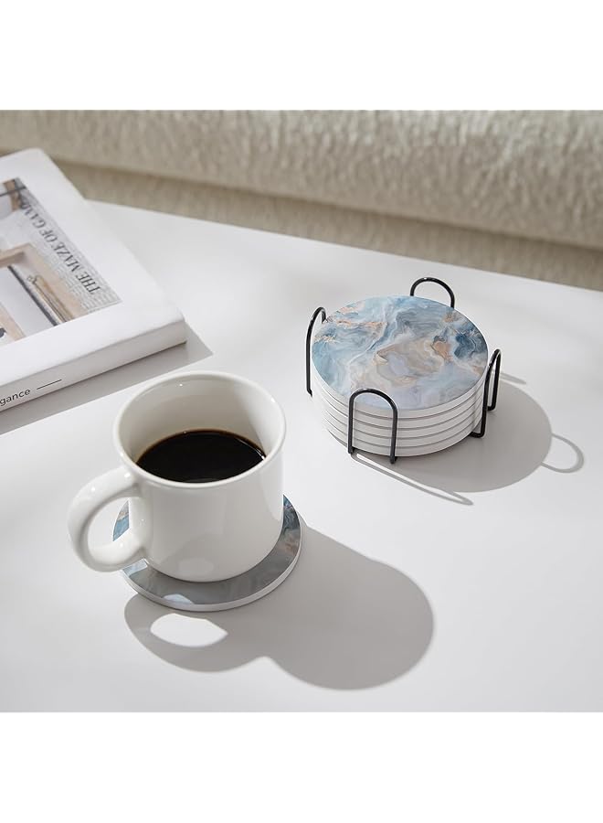 إيروريكس مجموعة من 6 قطع من قواعد أكواب الشرب المصنوعة من السيراميك على شكل رخام مع حامل لحماية سطح الطاولة، مناسبة لأنواع الأكواب والطاولات الخشبية وديكور المنزل الرائع، مقاس 4 بوصات، أزرق - Image 3