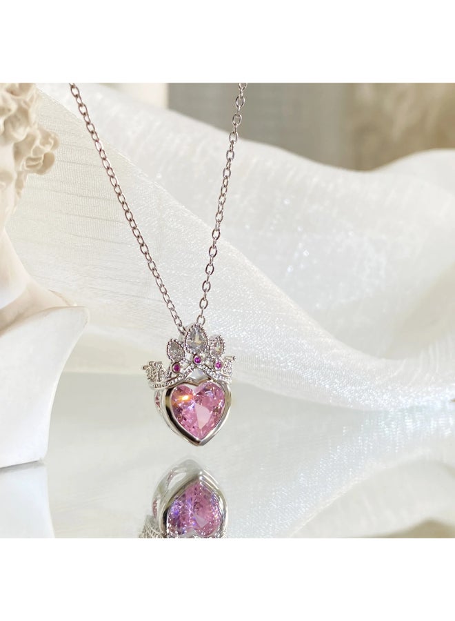 ذا بلاك بيرل اكسسوريز سلسلة أستانليس ستيل فضي مع دلاية شكل قلب زيركون بينك مرصعة بفصوص الزيركون - Image 1