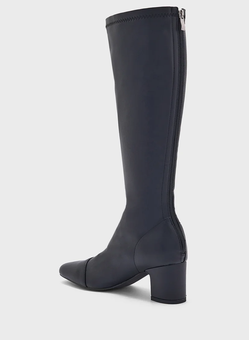 ELLA Round Toe Block Heel Zip Knee High Boot