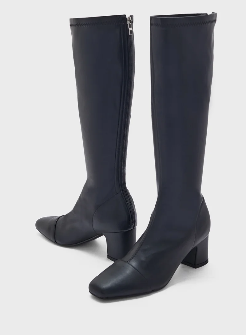 ELLA Round Toe Block Heel Zip Knee High Boot