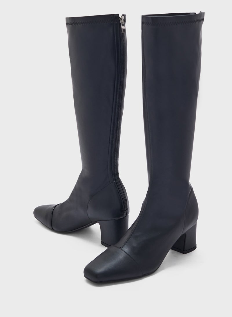 ELLA Round Toe Block Heel Zip Knee High Boot - Image 4