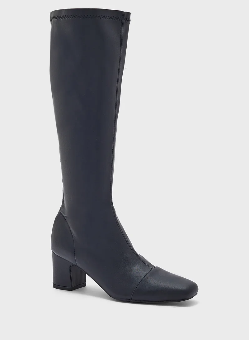 ELLA Round Toe Block Heel Zip Knee High Boot