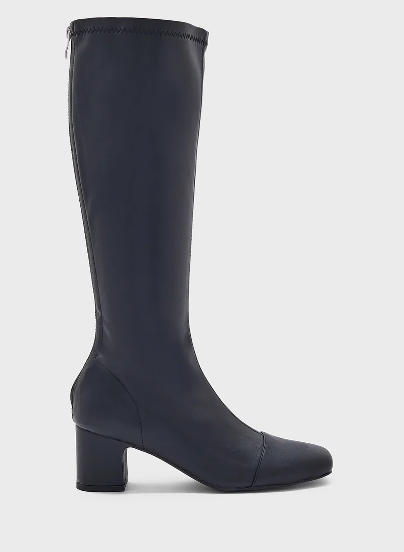 ELLA Round Toe Block Heel Zip Knee High Boot