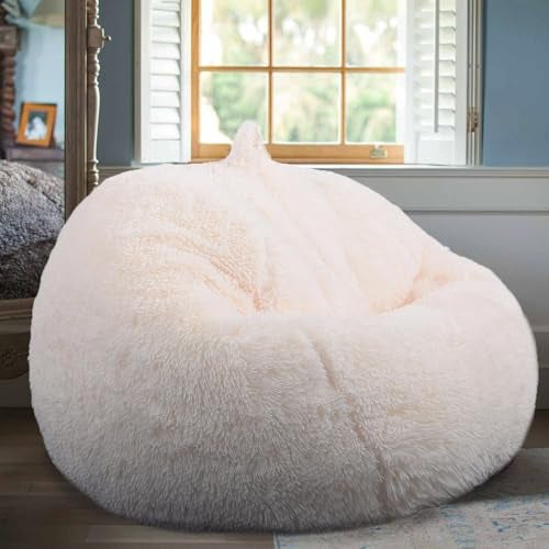 Fluffy Stuffed Animal Storage Bean Bag Chair Cover No Filler Faux Fur Comfy Bean Bag Cover for Organizing Plush Toys or Textile for Adults Teens Kids Girls Beige