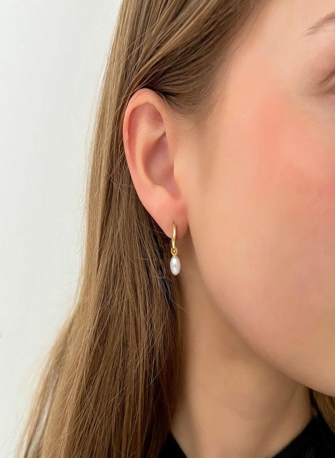 Robaice Gold Pearl Dangle Earrings for Women, Irregular 14K Gold Plated Small Pearl Drop Huggie Hoop Earrings, Hypoallergenic Dainty Gold Earrings Wedding Jewelry Gifts for Women - Image 2