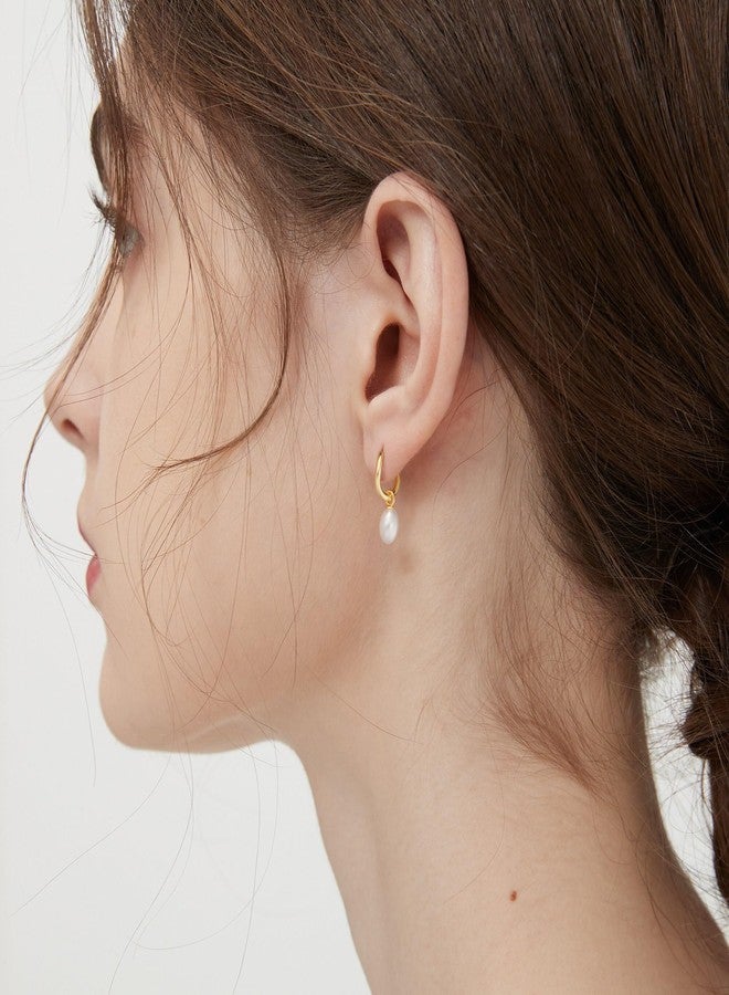 Robaice Gold Pearl Dangle Earrings for Women, Irregular 14K Gold Plated Small Pearl Drop Huggie Hoop Earrings, Hypoallergenic Dainty Gold Earrings Wedding Jewelry Gifts for Women - Image 3