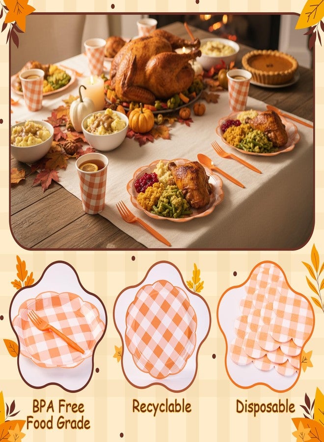 HiPeep 125Pcs Orange Gingham Plates, Disposable Fall Plaid Dinnerware with Plates, Napkins, Forks and Cups Orange and White Checkered Party Supplies for Birthday, Baby Shower Party - Image 2